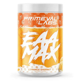 Orange sherbet-flavored primeval labs eaa max powder in a white-capped cylindrical container.