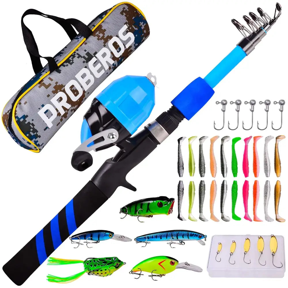 Blue and black collapsible fishing rod with a matching blue reel, accompanied by an assortment of colorful artificial lures.