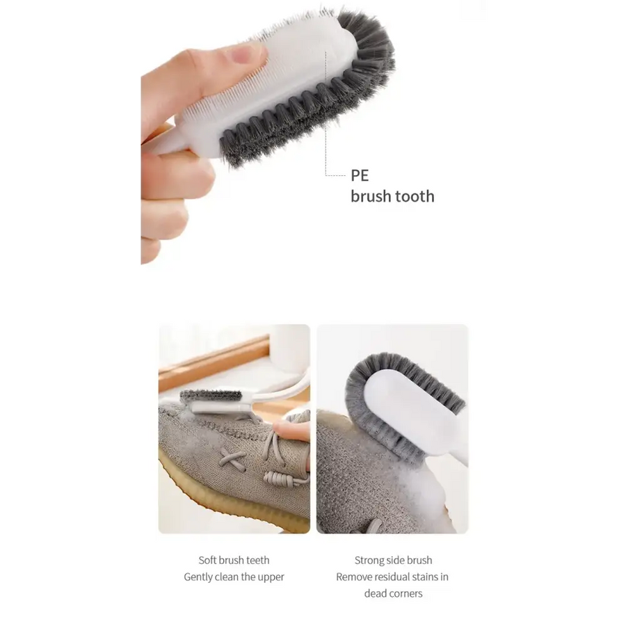 White and gray dual-sided shoe brush with pe bristles for gentle upper cleaning and strong side brushing to remove stains.