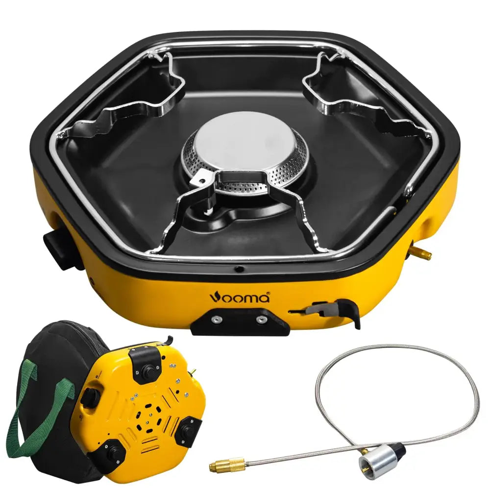 Yellow hexagonal vooma portable camping stove with black interior and silver burner.