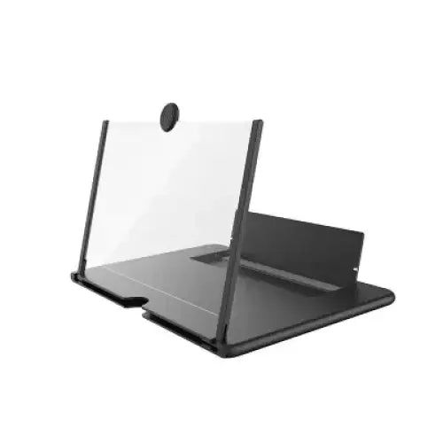 Black plastic smartphone viewing stand with transparent screen panel and adjustable angle.