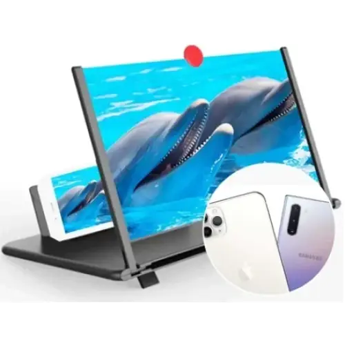 Black stand with transparent magnifying screen displaying dolphins on a blue ocean background