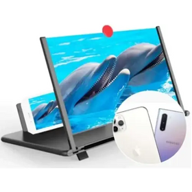Black stand with transparent magnifying screen displaying dolphins on a blue ocean background
