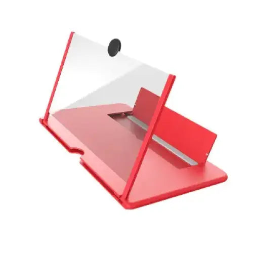 Red plastic phone stand with transparent screen protector.