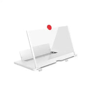 White transparent magnifying screen stand with a red circular button on top.