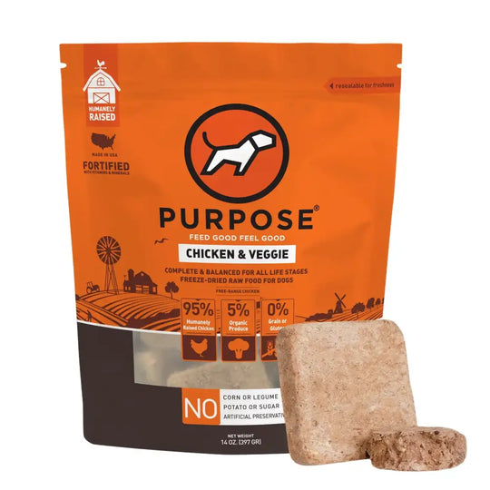 PURPOSE Freeze Dried Raw Dog Food Grain Free Dry Dog Food Complete Balanced Meal or Topper Protein Rich Dog Food for All Breeds and Life Stages Chicken & Veggie Recipe Entrée 14 oz USA Made