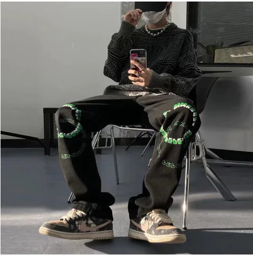 Men's Straight Loose-Fitting Wide-Leg Letter Jeans