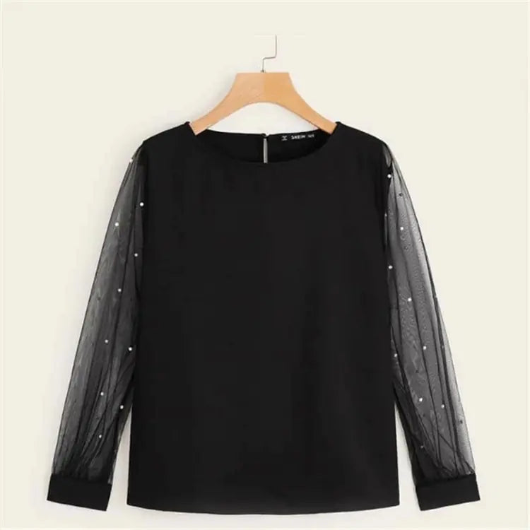 Long Sleeve Blouse with Beaded Mesh Panels - Joomcy