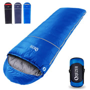 Blue qezer sleeping bag with gray interior and silver zipper trim.