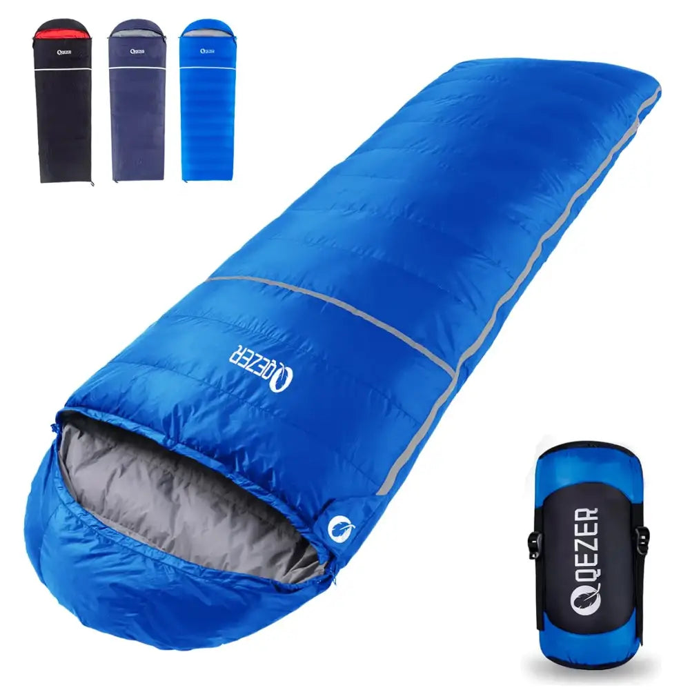 Blue qezer sleeping bag with gray interior and silver zipper trim.