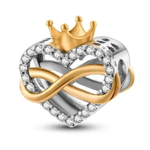Gold and silver infinity heart charm with a crown, adorned with clear crystals.