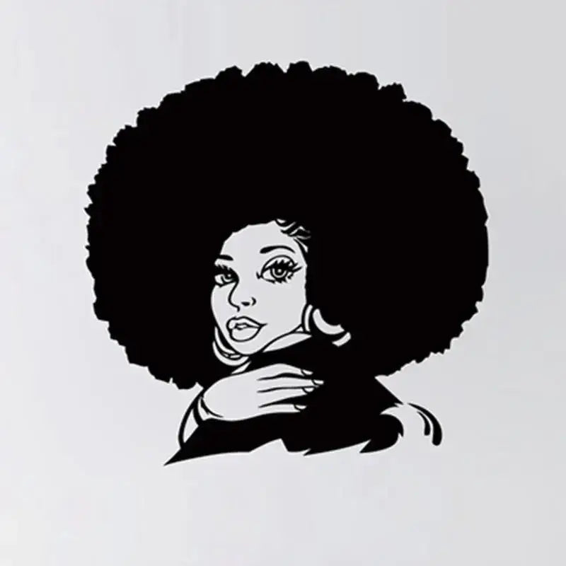Black vinyl wall decal featuring a stylized illustration of a woman with an afro hairstyle.