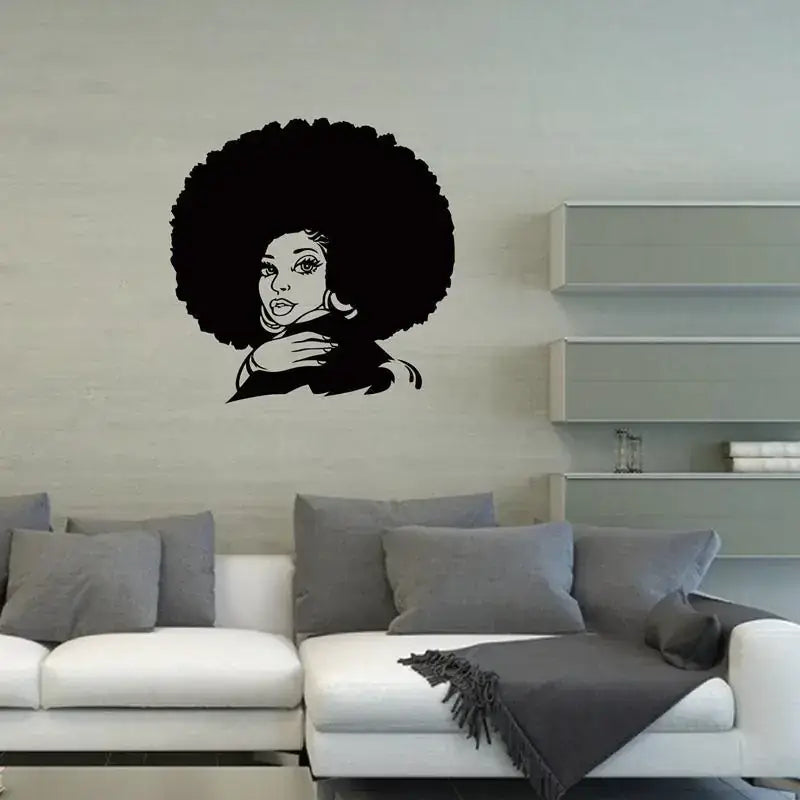 Black vinyl wall decal of a woman with an afro hairstyle.