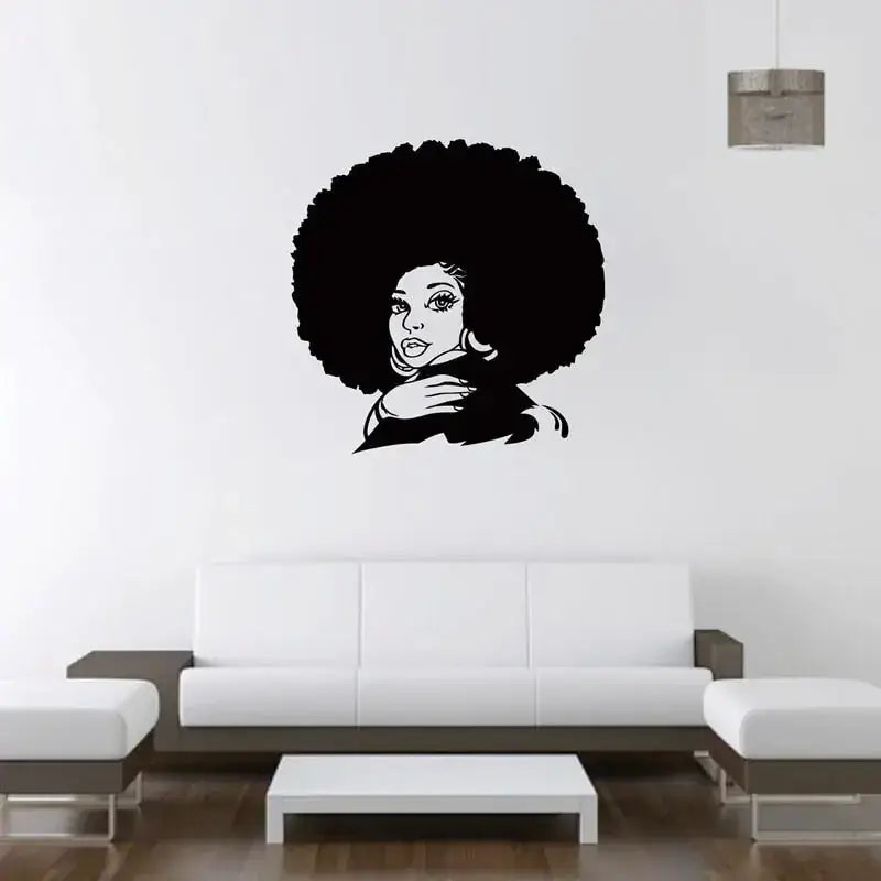 Black vinyl wall decal of a woman with an afro hairstyle.