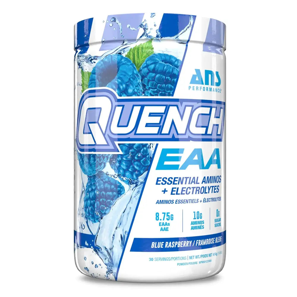 Blue raspberry flavored quench eaa essential amino acid and electrolyte powder in a white and blue container with a dynamic splash design.