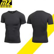 Black short-sleeved athletic shirt with a crew neck, made from stretchy performance fabric.