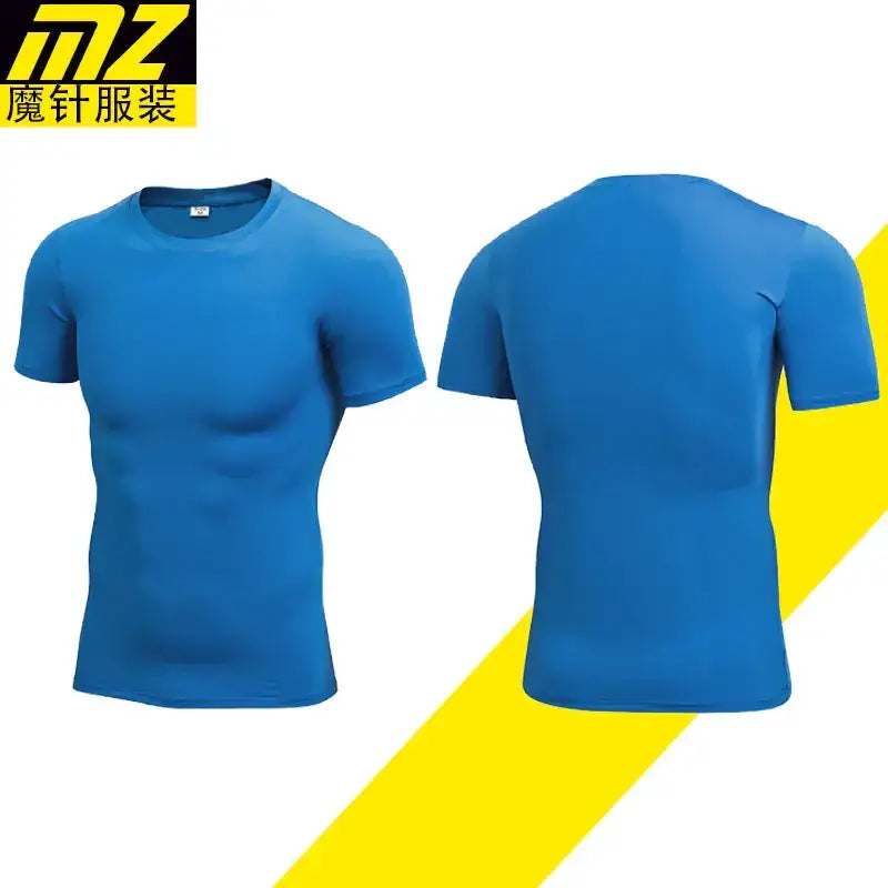 Blue short-sleeved athletic shirt with a crew neck, made from stretchy performance fabric.