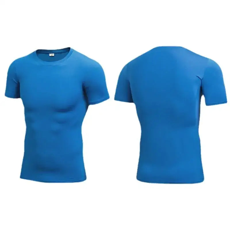 Bright blue, form-fitting athletic shirt with short sleeves and a crew neck.