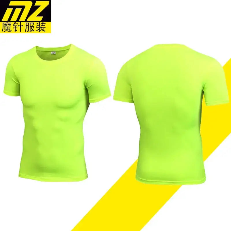 Bright neon green short-sleeved athletic shirt with a crew neck, made from stretchy performance fabric.
