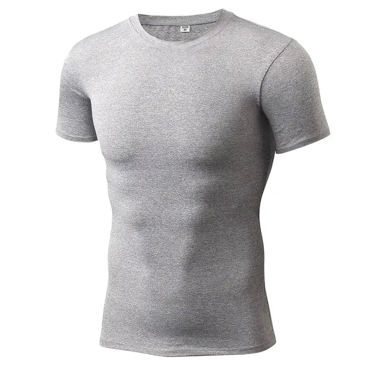 A fitted gray heathered cotton t-shirt with a classic crew neck and short sleeves.