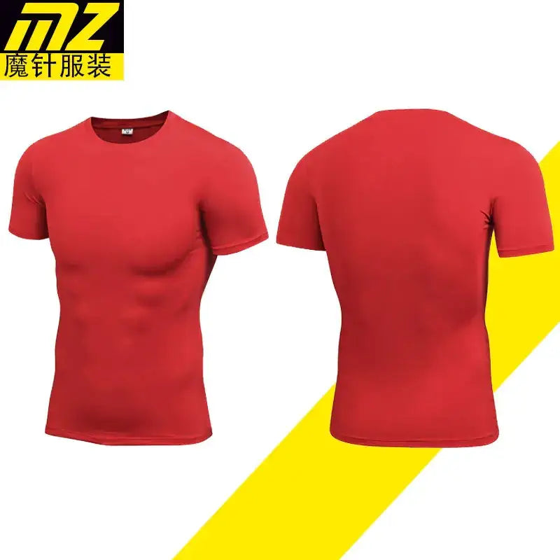 Red, form-fitting athletic shirt with a crew neck and short sleeves.