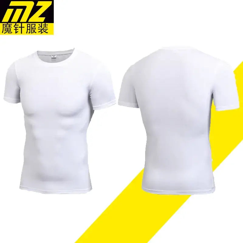 White short-sleeved compression shirt with a crew neck, made of stretchy fabric