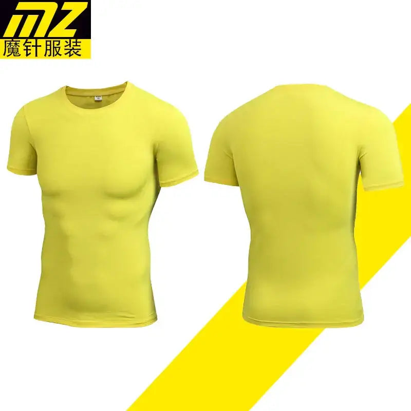 Bright yellow, form-fitting short-sleeved t-shirt with a crew neck.