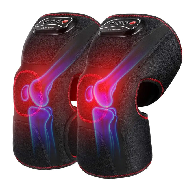 Black and red quner massage knee pads with illuminated joint diagrams on the surface.
