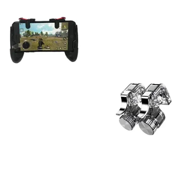 Black plastic game controller grip with red accents and a clear, silver-toned trigger button set