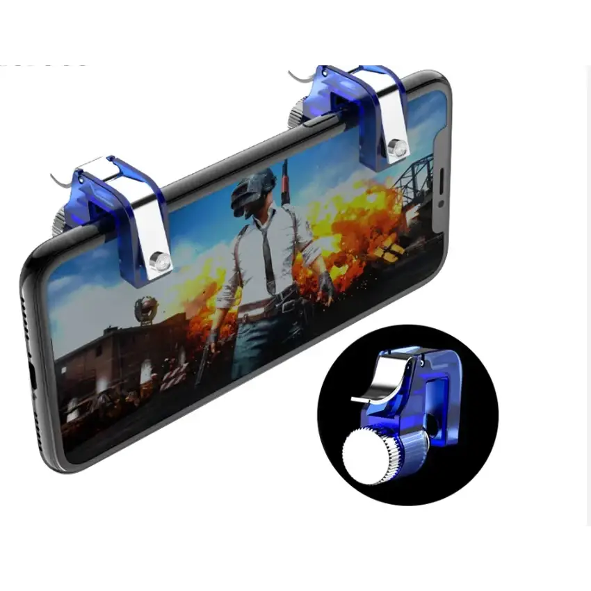 Blue plastic and metal phone game controller attachment with adjustable grip and trigger mechanism