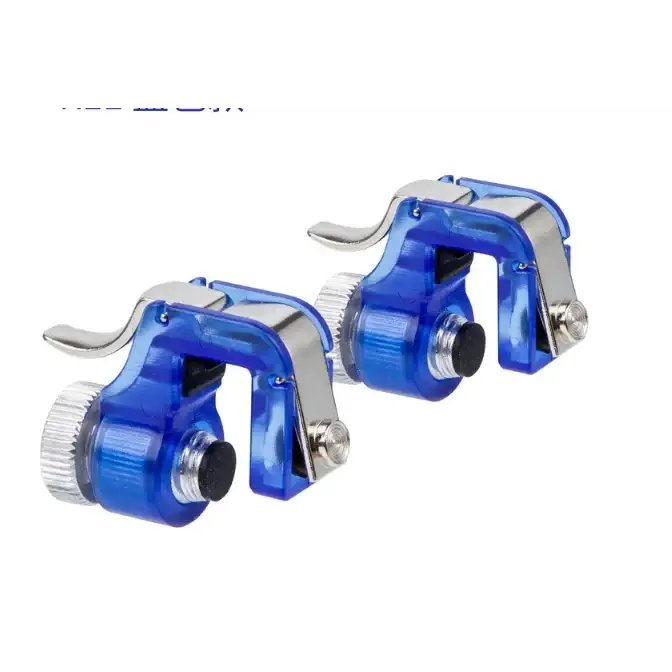 Blue translucent plastic game controller grips with silver metal accents and textured knobs.