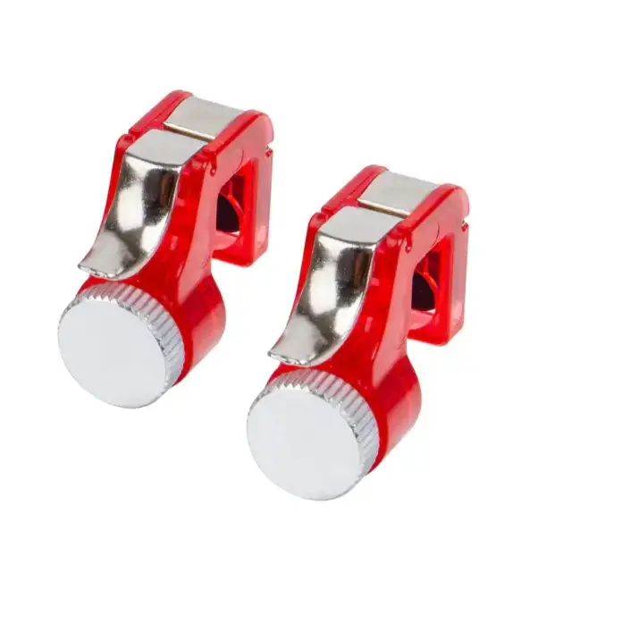 Red plastic and metal clip-on phone holder with a silver textured knob.