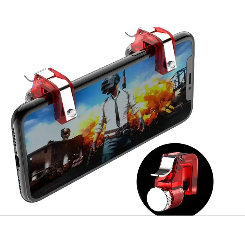 Red and silver gaming phone grip with adjustable clamps for enhanced control during mobile games.