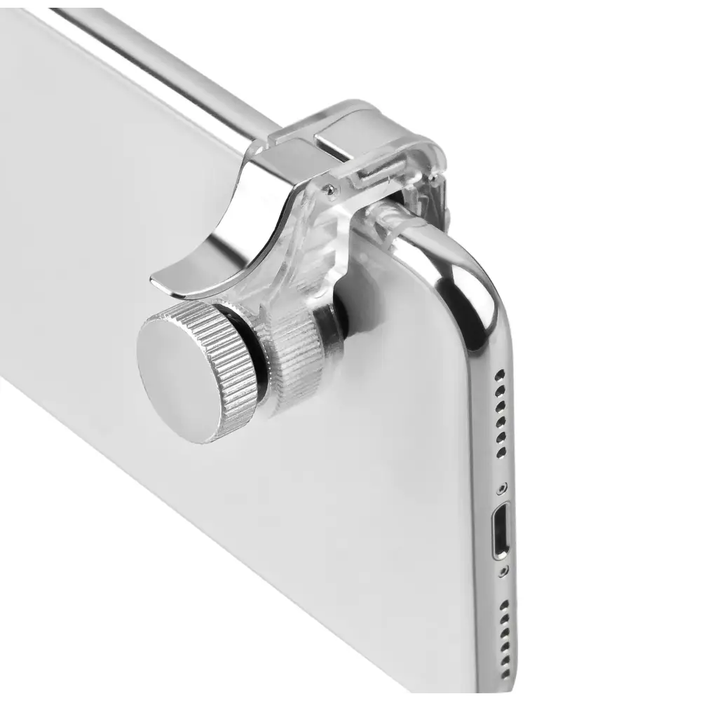 Silver metallic phone clip with a clear plastic body and textured knob.