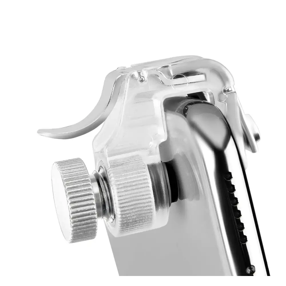 Silver metallic spray nozzle with clear plastic housing and textured grip.