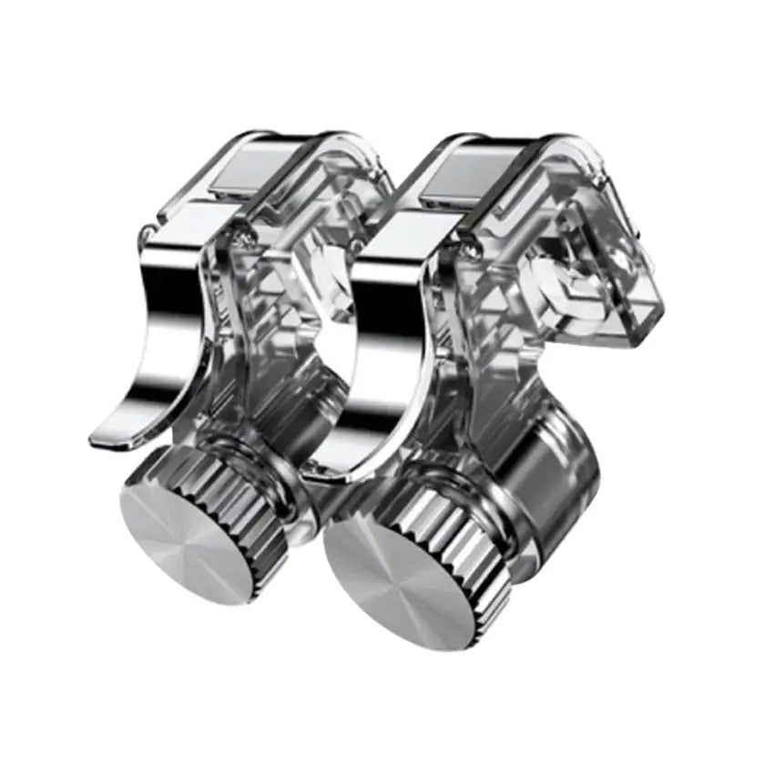 Silver and transparent plastic gaming mouse clip with a textured knob.