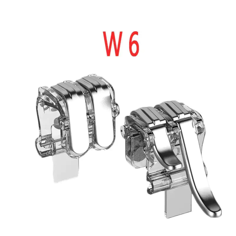 Silver and transparent plastic game controller trigger grips with a sleek, ergonomic design.