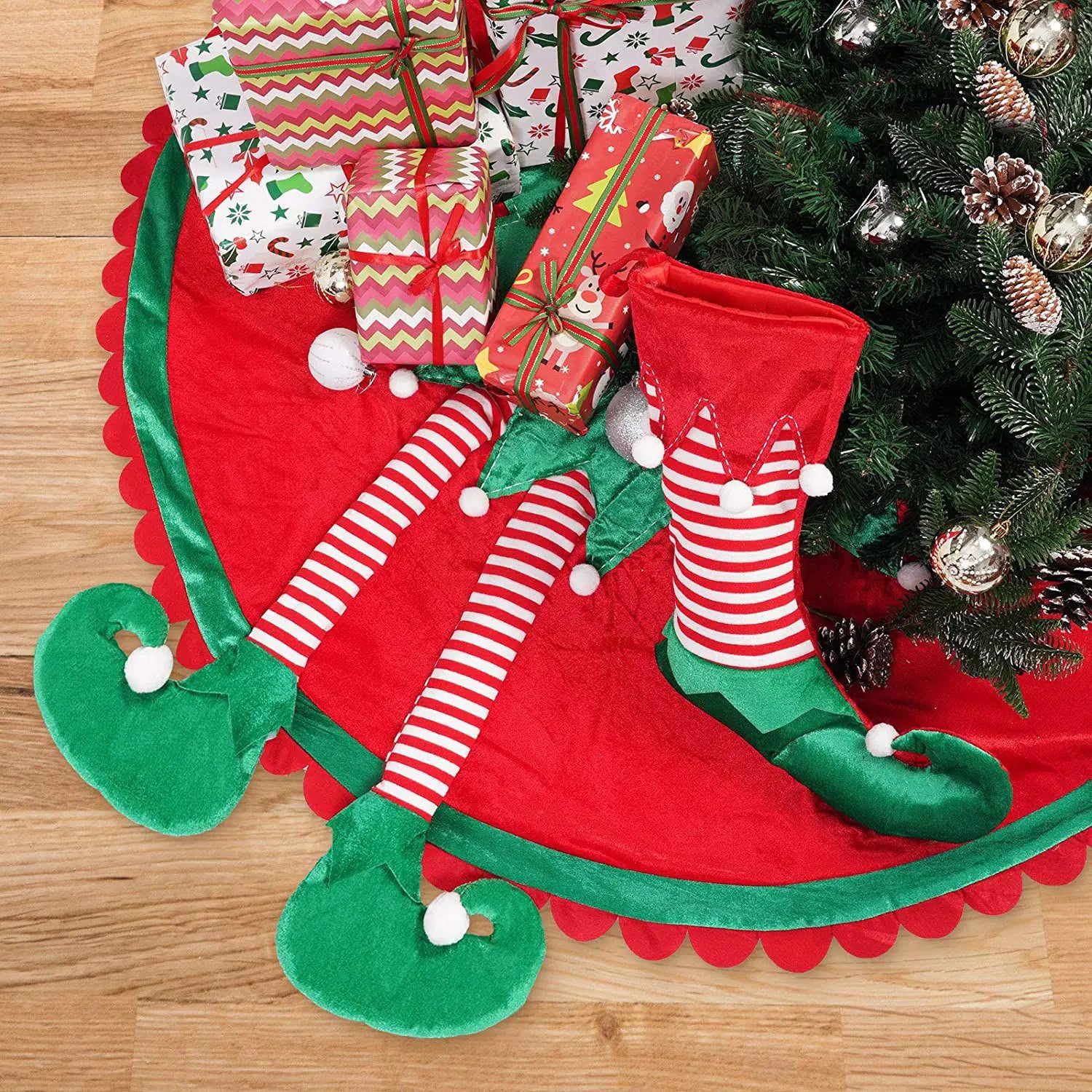 Cute Red Elf Leg Tree Skirt for Christmas Decor - Joomcy