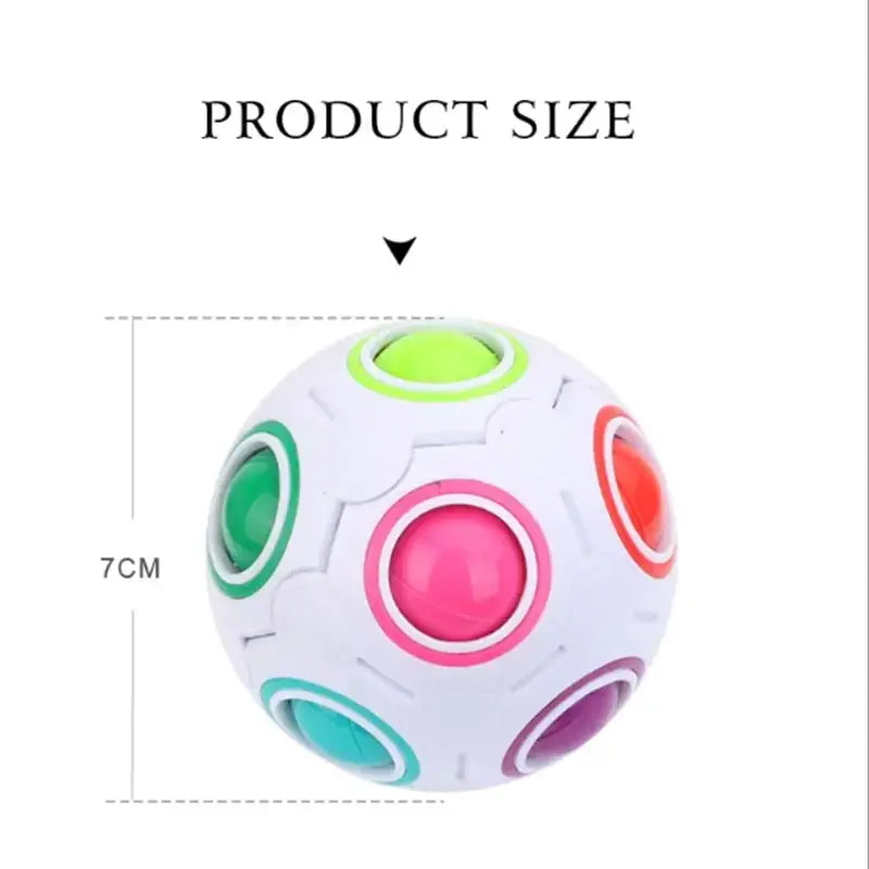 A colorful, spherical puzzle toy with a white base and multiple vibrant circular sections in green, pink, red, teal, and purple.