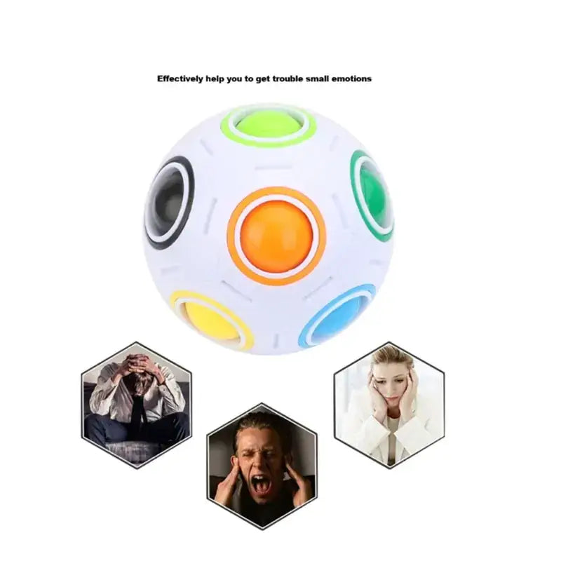 A white, spherical stress ball with colorful circular indentations in green, orange, yellow, blue, and black.