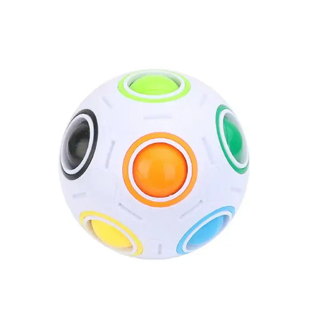 A white spherical puzzle ball with colorful, circular push-button sections in green, orange, yellow, blue, and black.
