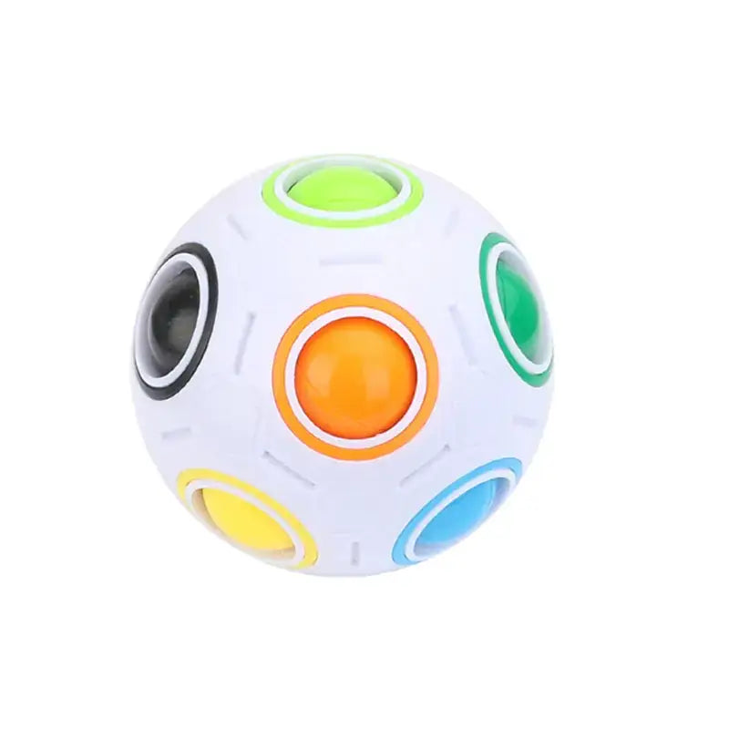 A white spherical puzzle ball with colorful, circular push-button sections in green, orange, yellow, blue, and black.