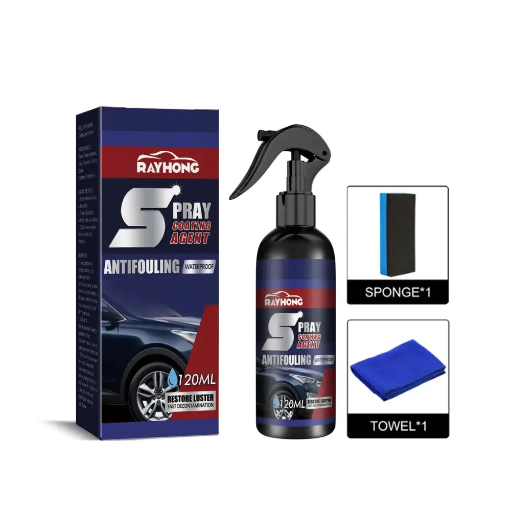 Rayhong s spray coating agent in a sleek black bottle with a matching spray nozzle, packaged alongside its branded box and included sponge and towel.