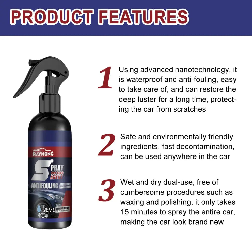 Rayhong 5 spray coating agent in a sleek black bottle with a matching spray nozzle, designed for waterproof and anti-fouling car care.