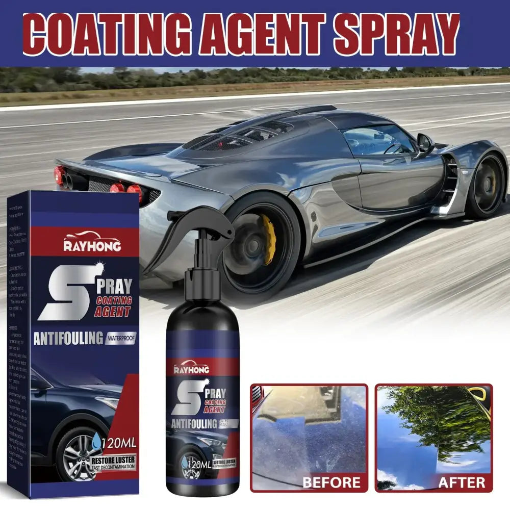 Rayhong s spray coating agent, a 120ml black spray bottle with blue and red branding, designed for waterproof antifouling protection on car surfaces.