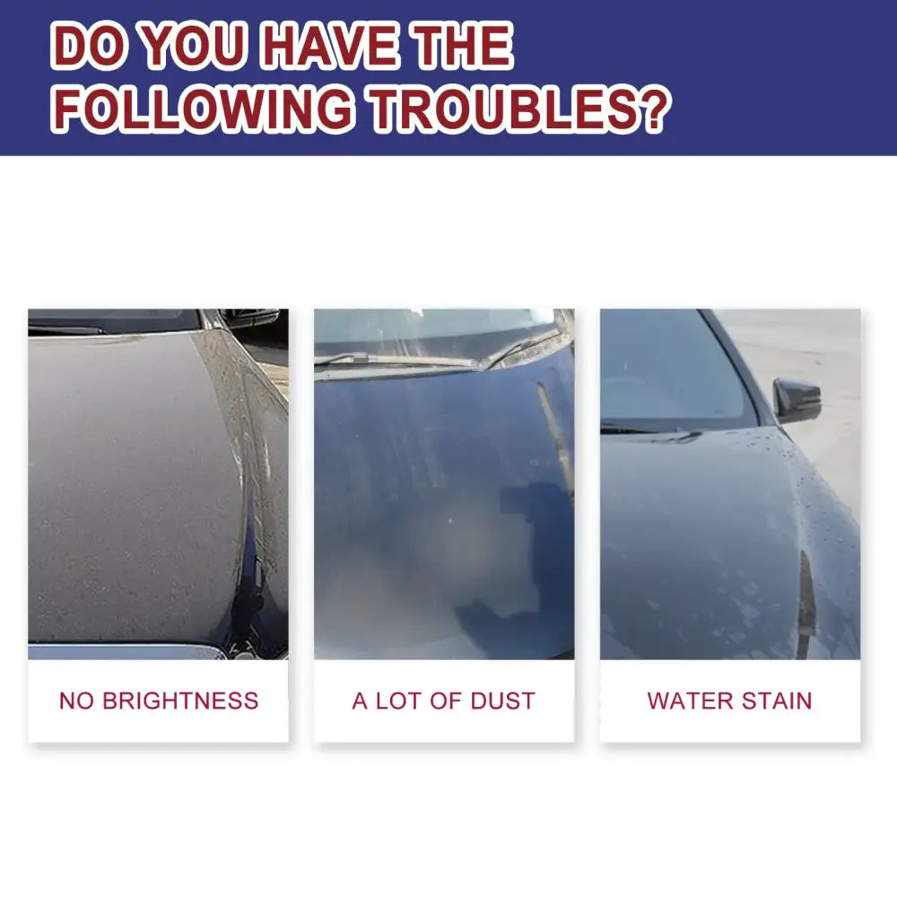 Dark blue car hood showing signs of no brightness, dust accumulation, and water stains.