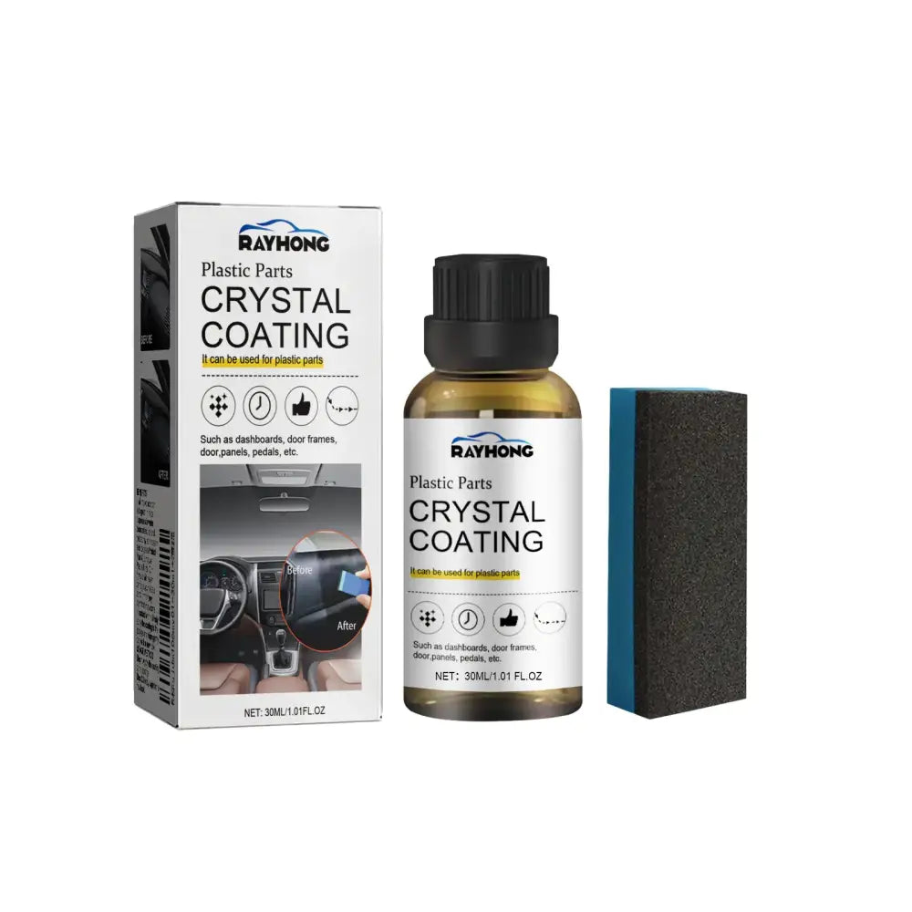 Rayhong plastic parts crystal coating in a clear bottle with black cap, accompanied by a blue and black sponge applicator.