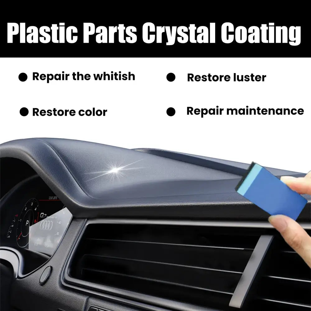 Blue rectangular plastic parts crystal coating applicator being used on a car dashboard.