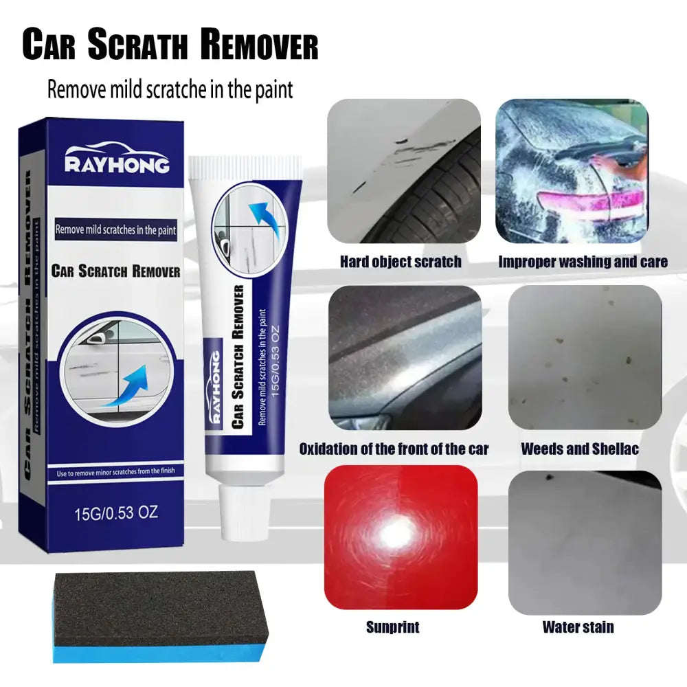 Rayhong brand car scratch remover in a white and blue tube with a white cap, designed to remove mild scratches from paint.
