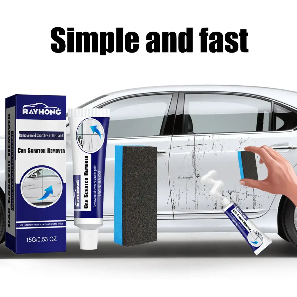 Rayhong car scratch remover kit with blue and white tube, black sponge pad, and product box.